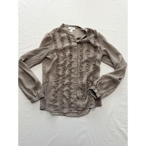 Ann Taylor LOFT Blouse Womens 4 Gray Ruffle Trim Button Sheer Long Sleeve Top